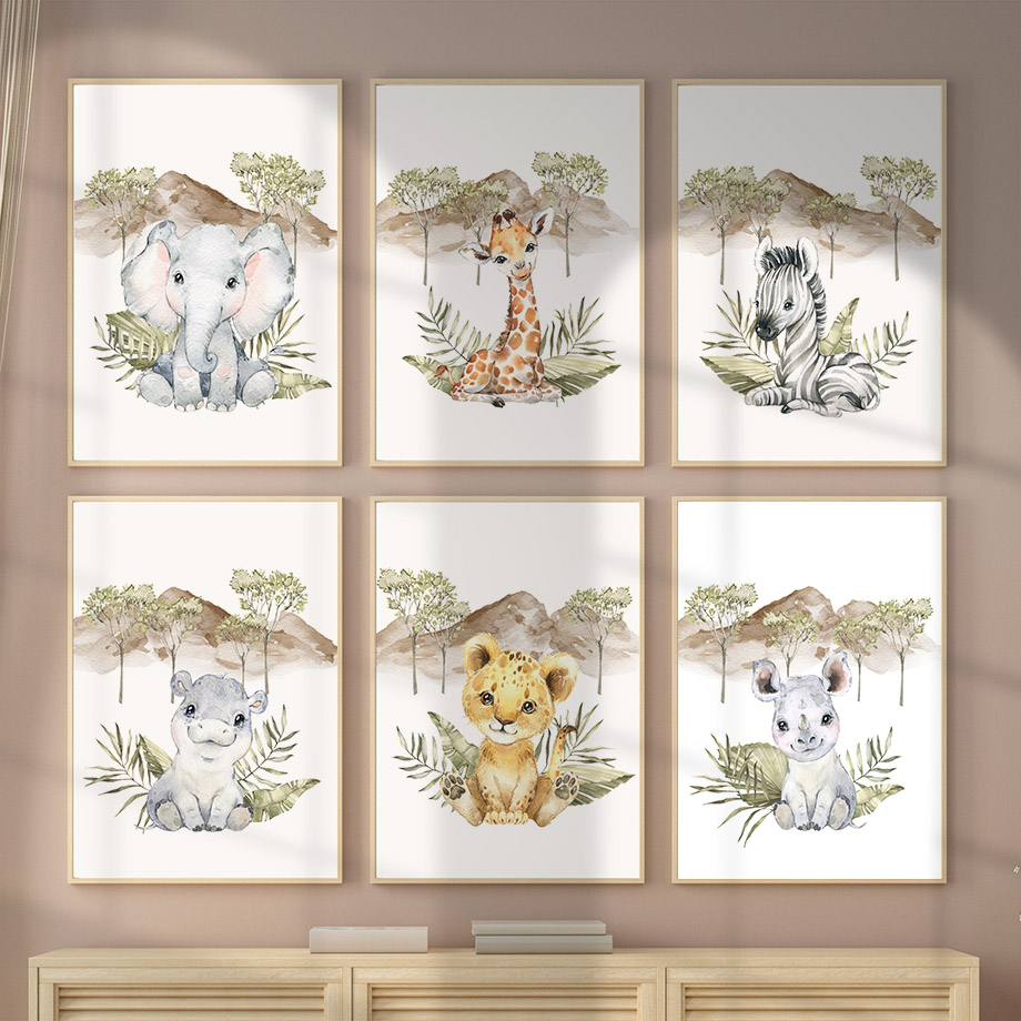 Baby Zebra Nursery - キリン、シマウマ、ゾウ、ライオン、カバ、木、保育園ポスター、ウォールアートプリント、キャンバス絵画、ベビーキッズルーム、家の装飾写真