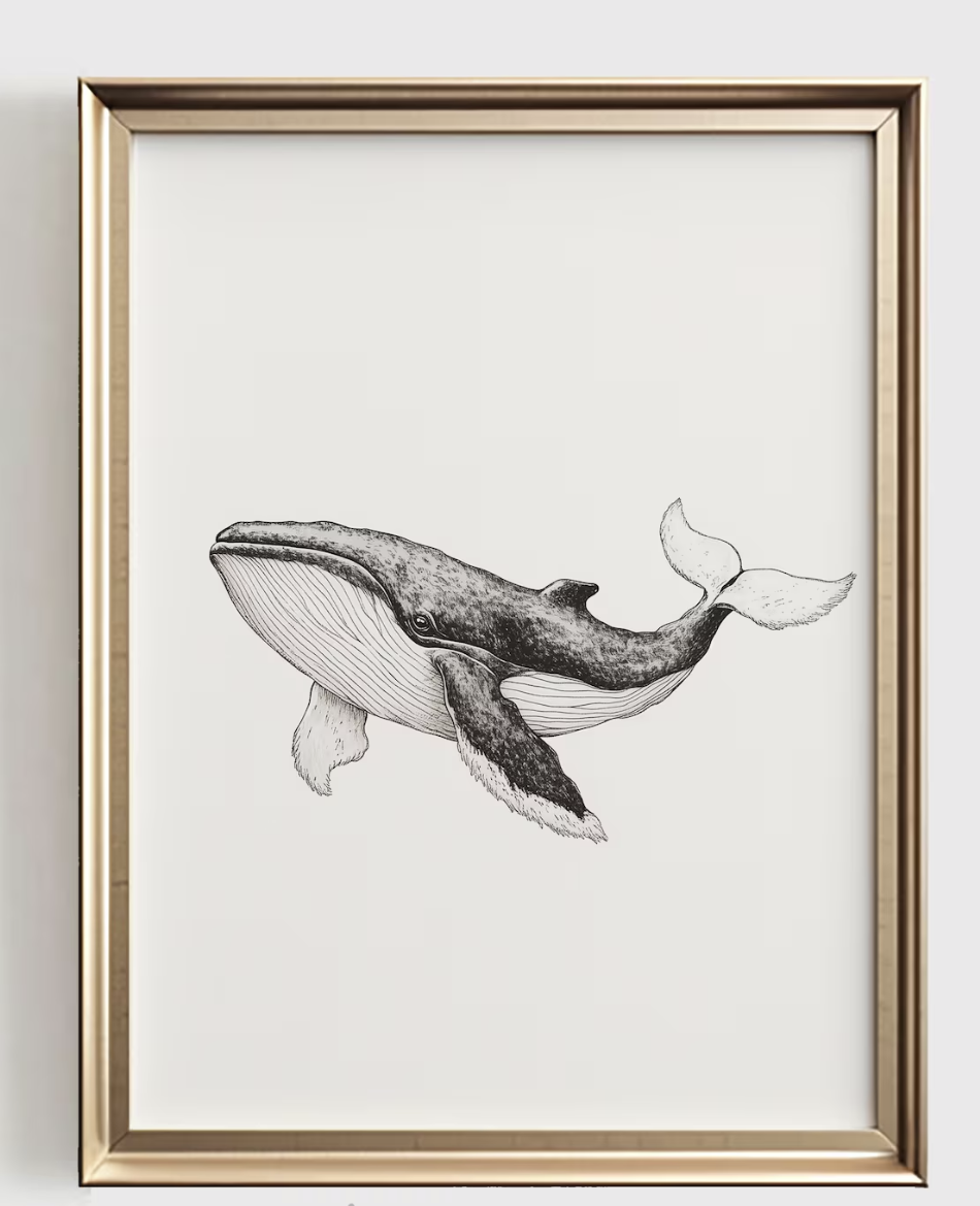 Baby Nursery Kids - クジラのラインアートプリント、ミニマリストオーシャン保育園装飾、ベビールーム用の黒と白のアート、ニュートラルな海岸の子供部屋用プリントアートギフト