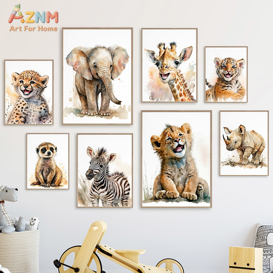 Baby Zebra Nursery - AZNm 水彩サファリ赤ちゃん動物キャンバスウォールアート、フレームレス保育園装飾プリント、象、キリン、トラ、ライオン、シマウマ、ミーカ付き