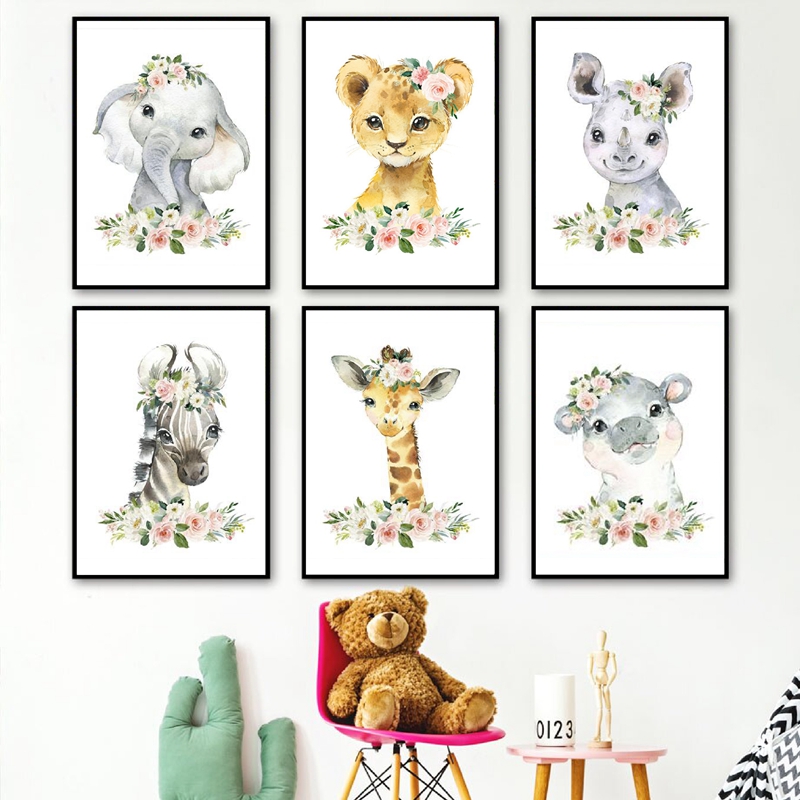 花柄ジャングル動物キャンバスプリント保育園装飾象キリン絵画壁 - Baby Nursery Decor Girl のレビューと価格
