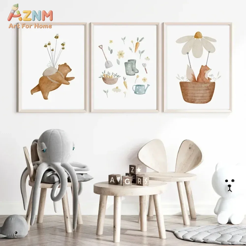 AZNM 水彩クマキツネ動物キャンバス壁アート自由奔放に生き - Baby Nursery Frames のレビューと価格