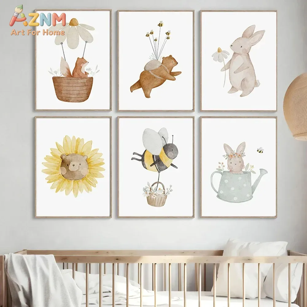 AZNM 水彩クマキツネ動物キャンバス壁アート自由奔放に生き - Baby Nursery Frames のレビューと価格