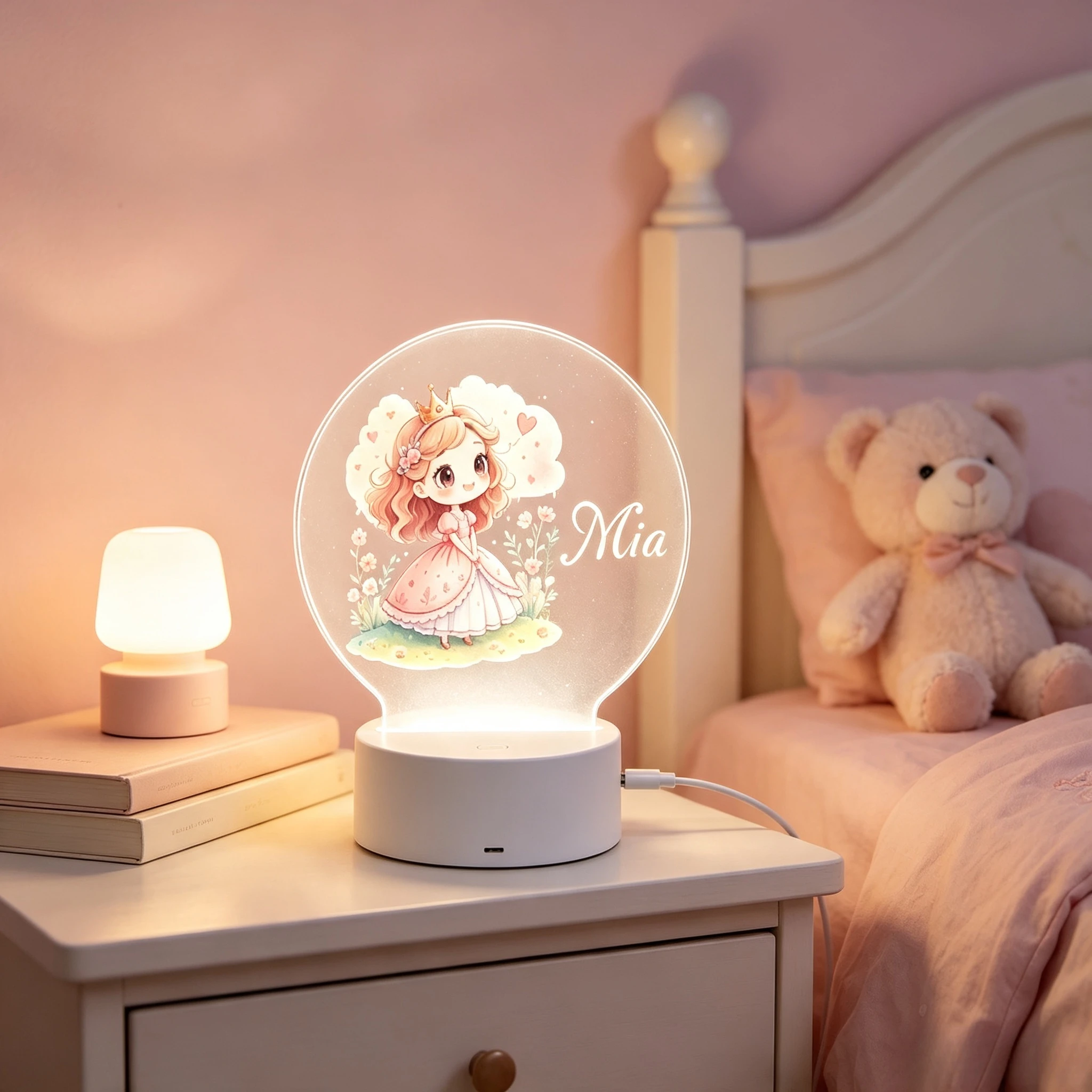かわいい王冠のリトルプリンセス 花柄ラウンドアクリルナイトラ - Baby Nursery Night Light のレビューと価格