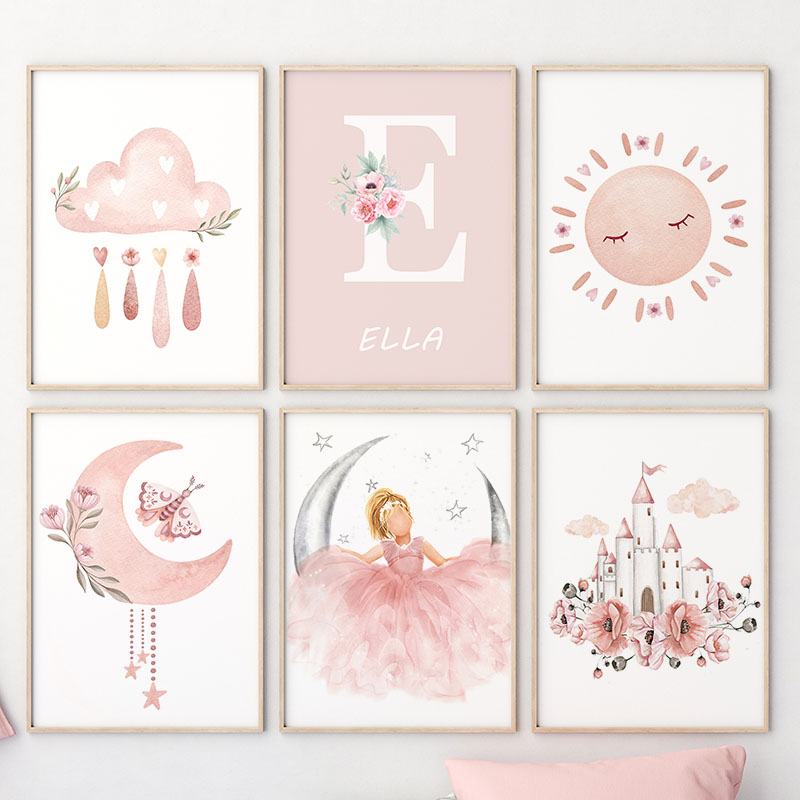 ピンクの天使の女の子日月雲白鳥城壁アート保育園キャンバス絵画 - Baby Nursery Decor Girl のレビューと価格