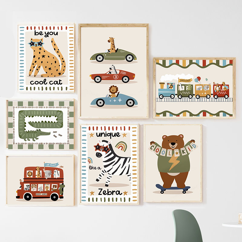 面白い漫画の動物、車、バス、保育園の壁飾り、キャンバス絵画、 - Baby Nursery Kids のレビューと価格