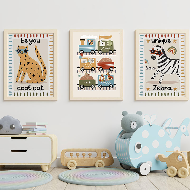 面白い漫画の動物、車、バス、保育園の壁飾り、キャンバス絵画、 - Baby Nursery Kids のレビューと価格