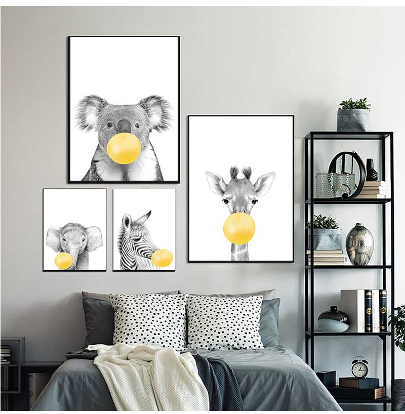 赤ちゃんのための動物の壁の芸術のポスター,黄色い風船,シマウ - Baby Nursery Yellow Walls のレビューと価格