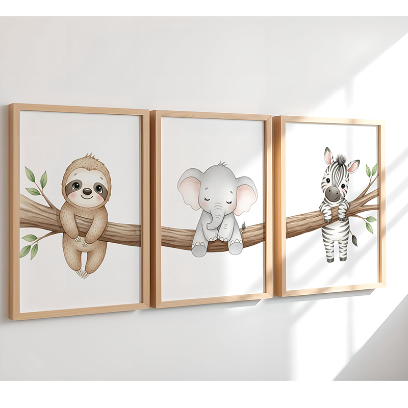 かわいい動物のウォールアートポスター ナマケモノ、ゾウ、シマ - Baby Nursery Images のレビューと価格