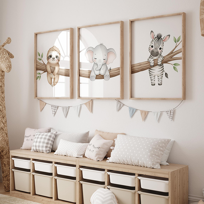 かわいい動物のウォールアートポスター ナマケモノ、ゾウ、シマ - Baby Nursery Images のレビューと価格
