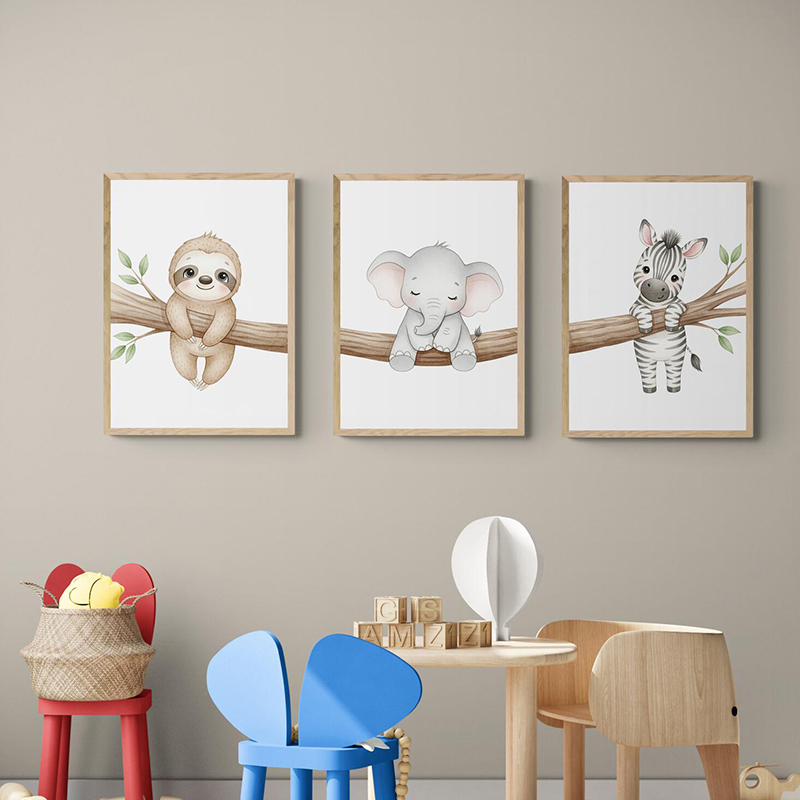かわいい動物のウォールアートポスター ナマケモノ、ゾウ、シマ - Baby Nursery Images のレビューと価格