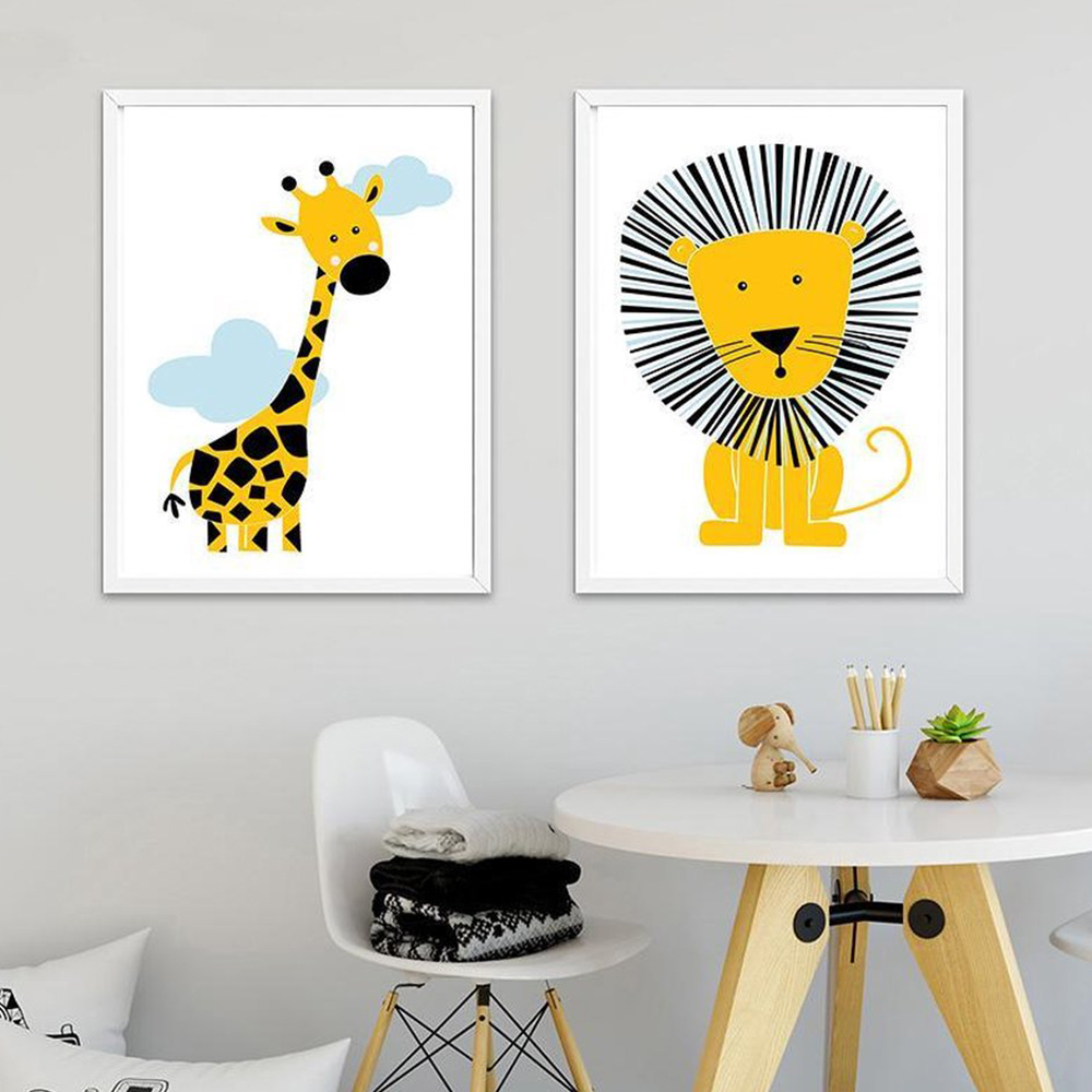 漫画の動物ポスター黄色ライオンキリン保育園キャンバス絵画壁の - Baby Nursery Yellow Walls のレビューと価格