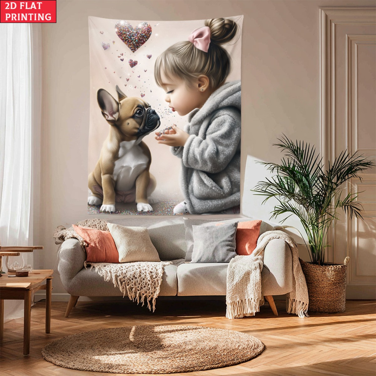 フレンチブルドッグの子犬を持つ女の子 ハート愛タペストリー  - Baby Nursery Decor Girl のレビューと価格