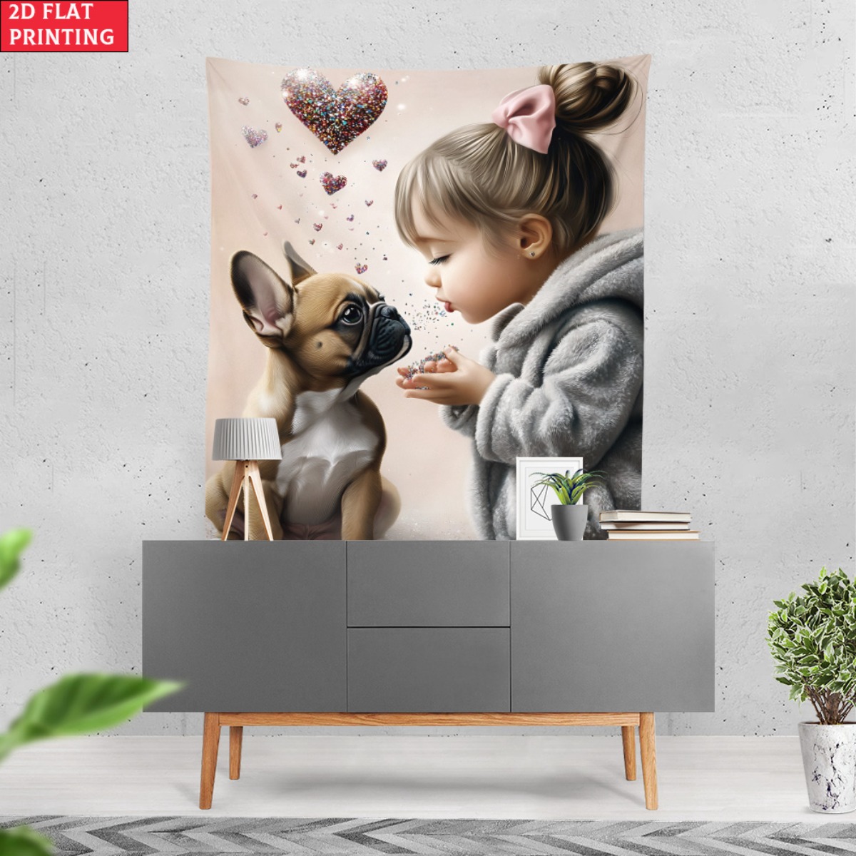 フレンチブルドッグの子犬を持つ女の子 ハート愛タペストリー  - Baby Nursery Decor Girl のレビューと価格