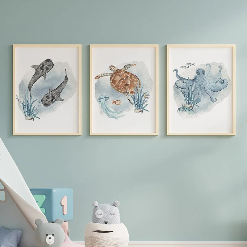 子供の部屋の装飾のためのポスターとプリント、クジラ、魚、サメ - Baby Nursery Images のレビューと価格
