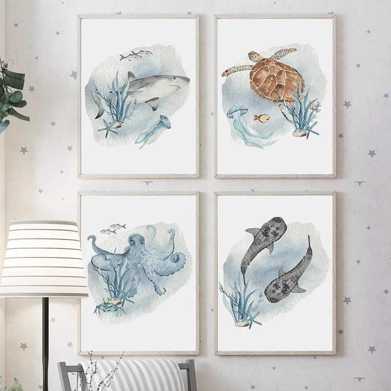 子供の部屋の装飾のためのポスターとプリント、クジラ、魚、サメ - Baby Nursery Images のレビューと価格