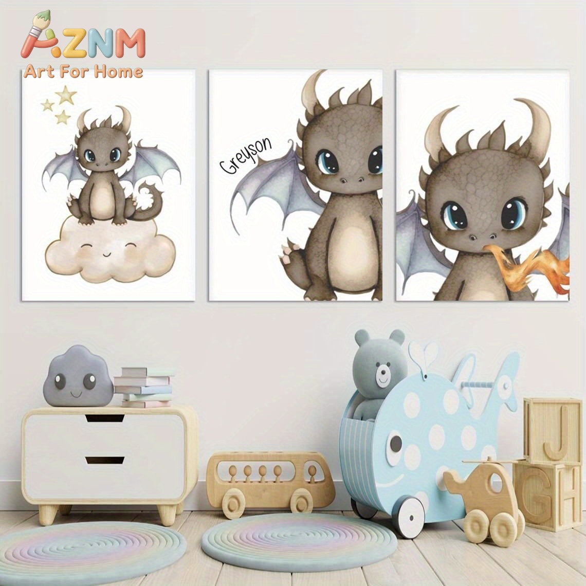 AZNM かわいい赤ちゃんドラゴン キャンバスウォールアート - Baby Nursery Kids のレビューと価格