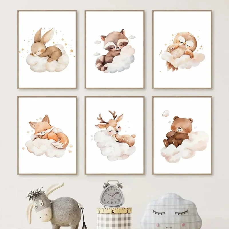 漫画雲動物キャンバス絵画壁アートかわいいアライグマキツネ鹿子 - Baby Nursery Frames のレビューと価格