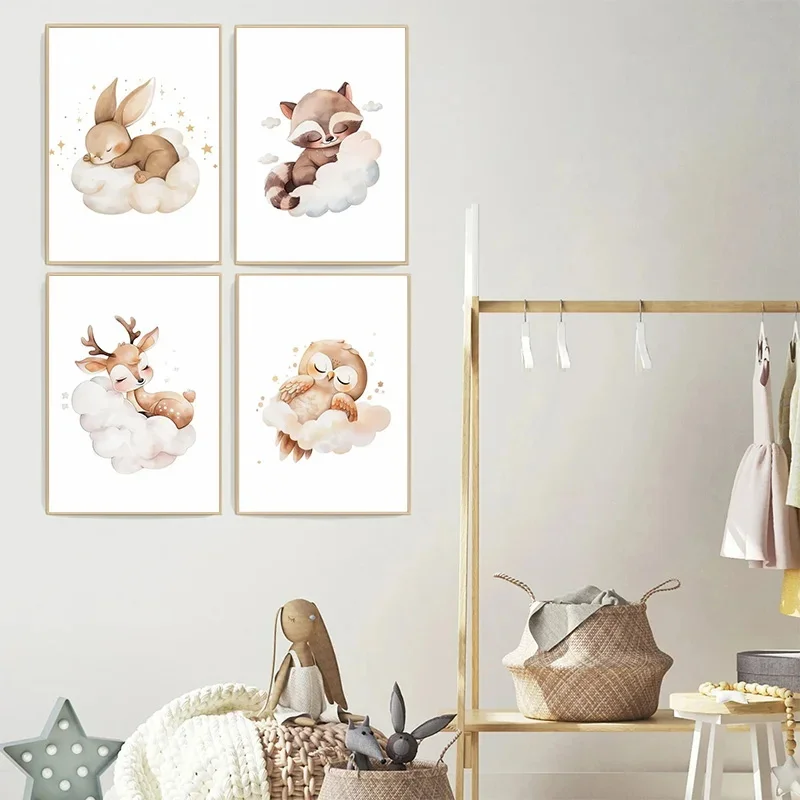 漫画雲動物キャンバス絵画壁アートかわいいアライグマキツネ鹿子 - Baby Nursery Frames のレビューと価格