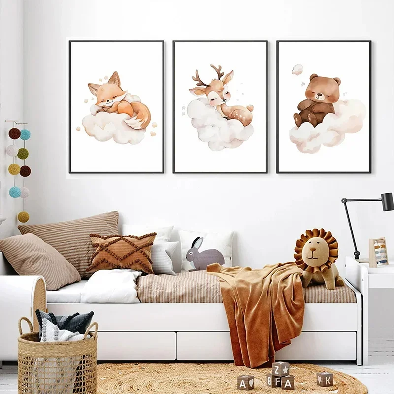 漫画雲動物キャンバス絵画壁アートかわいいアライグマキツネ鹿子 - Baby Nursery Frames のレビューと価格