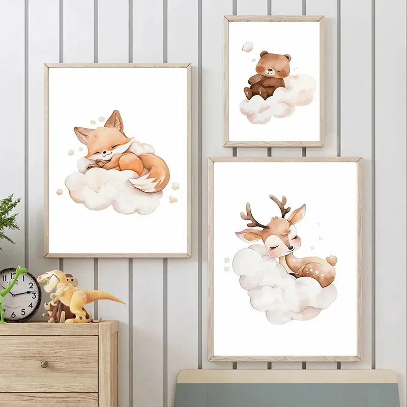 漫画雲動物キャンバス絵画壁アートかわいいアライグマキツネ鹿子 - Baby Nursery Frames のレビューと価格
