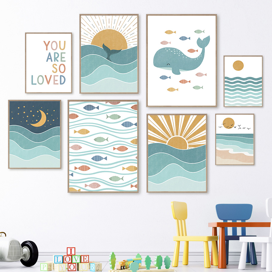 (2D キャンバス絵画) 魚、クジラ、カモメ、日の出、日没、 - Baby Nursery Quotes のレビューと価格