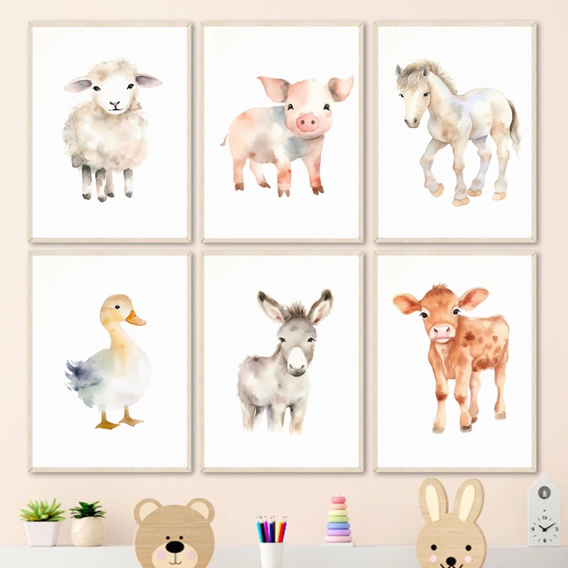 水彩ファーム-動物の写真,壁の芸術,赤ちゃんの馬のプリント - Baby Nursery Images のレビューと価格