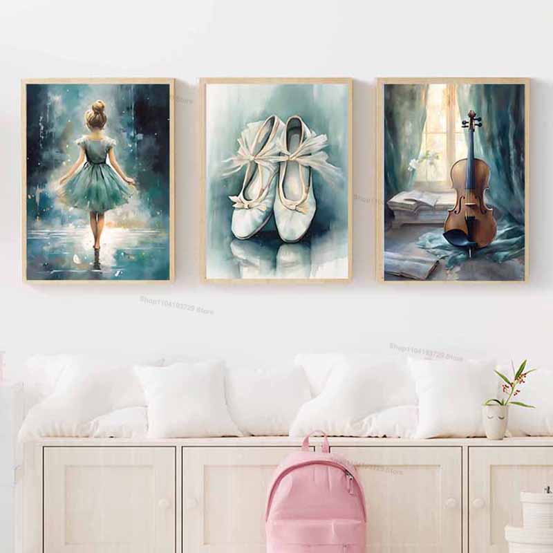 水彩バレエ少女靴チェロ保育園壁アートキャンバス絵画北欧ポスタ - Baby Nursery Kids のレビューと価格