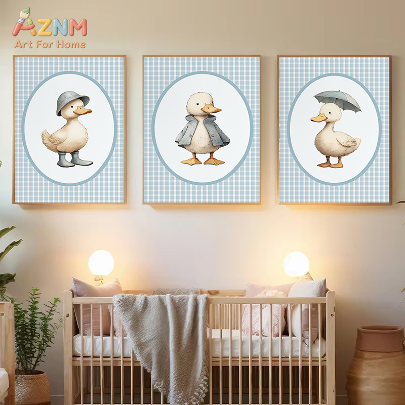 AZNM かわいいアヒルキャンバスウォールアート黄色の格子縞 - Baby Nursery Yellow Walls のレビューと価格