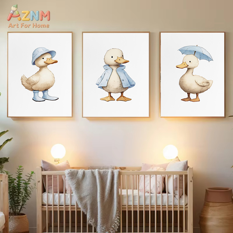 AZNM かわいいアヒルキャンバスウォールアート黄色の格子縞 - Baby Nursery Yellow Walls のレビューと価格