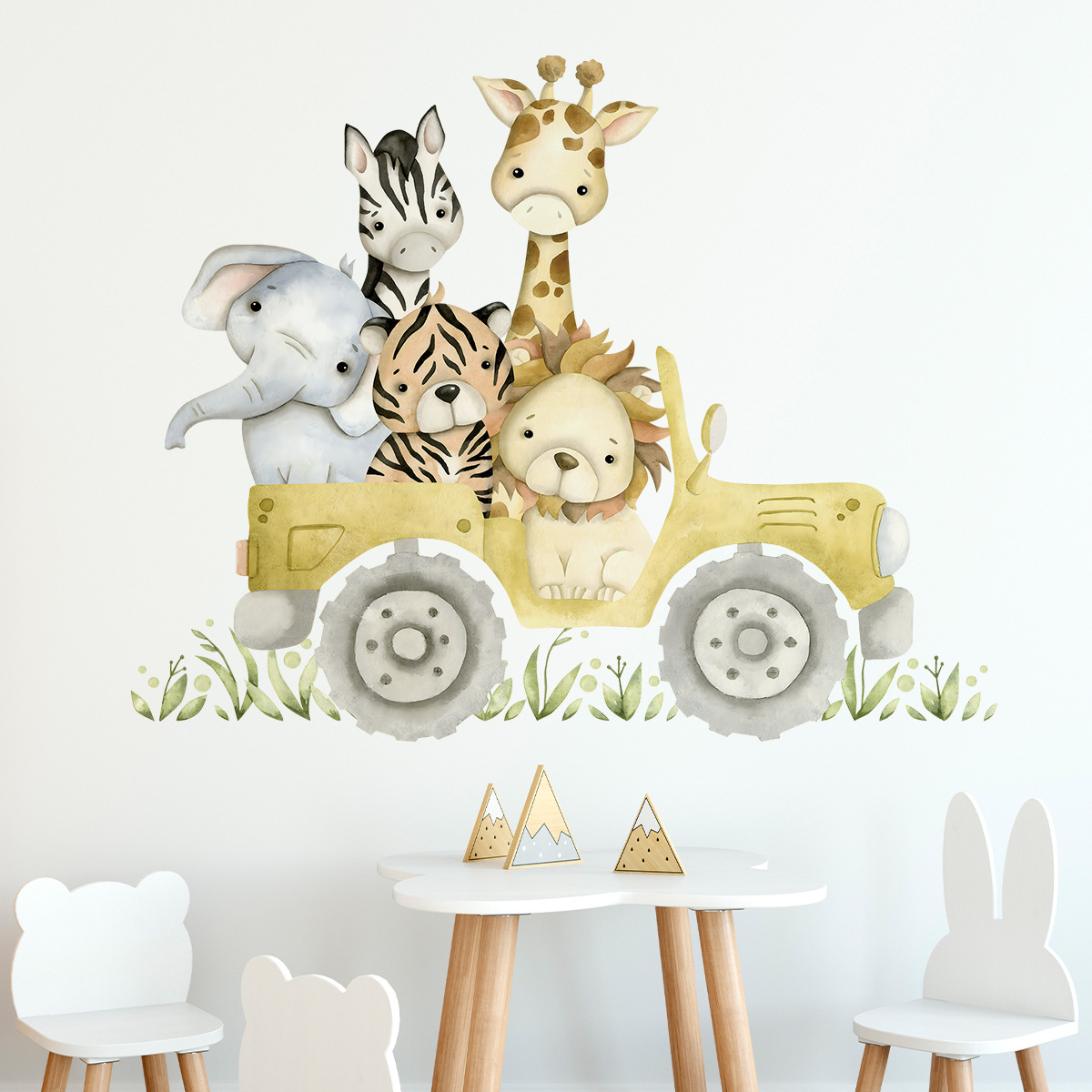 かわいい動物の漫画の壁のステッカー,ジープ,ライオン,象,キ - Baby Zebra Nursery のレビューと価格