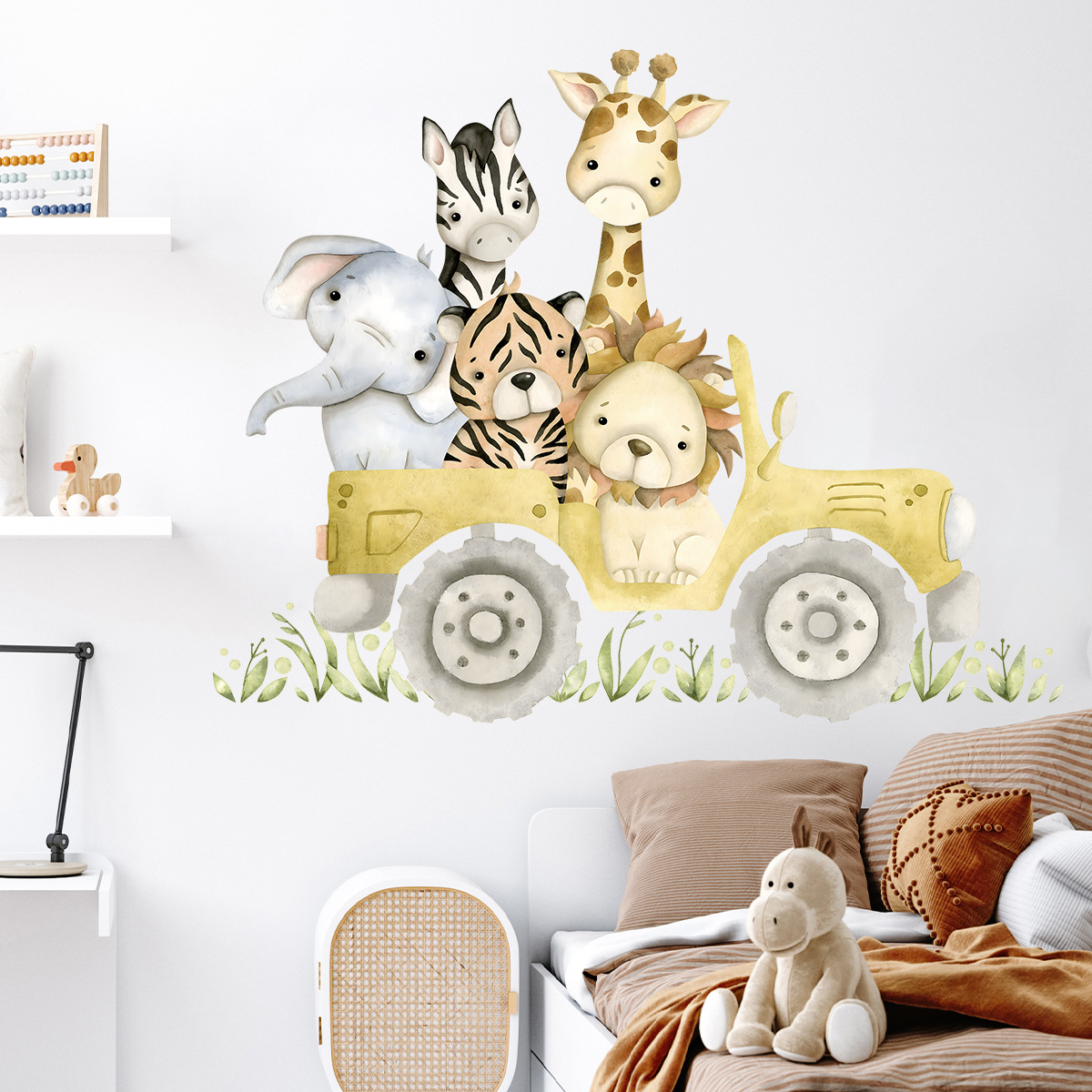 かわいい動物の漫画の壁のステッカー,ジープ,ライオン,象,キ - Baby Zebra Nursery のレビューと価格