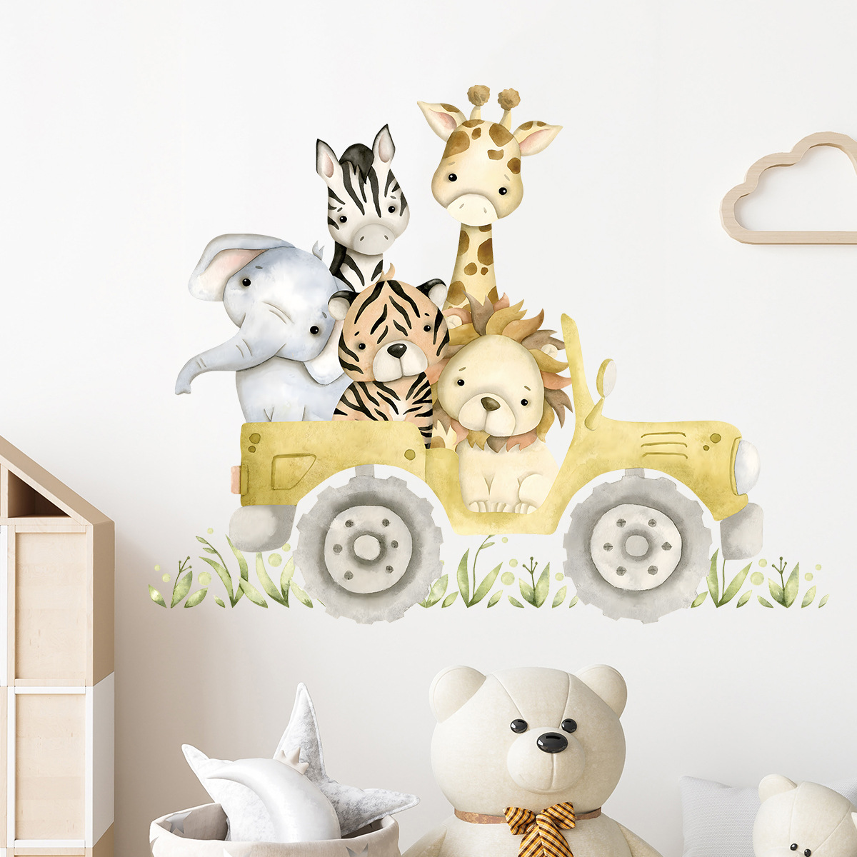 かわいい動物の漫画の壁のステッカー,ジープ,ライオン,象,キ - Baby Zebra Nursery のレビューと価格