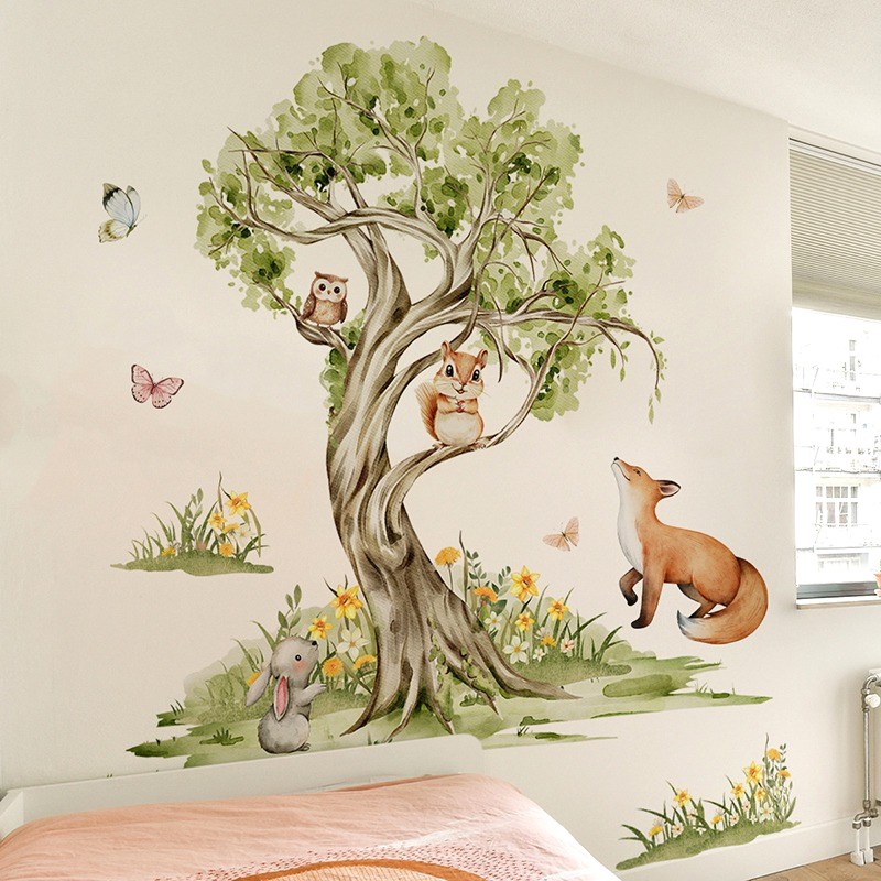 水彩画の森 大きな木 動物 ウォールステッカー ビニール ジ - Baby Nursery Jungle Wallpaper のレビューと価格