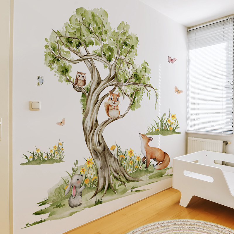 水彩画の森 大きな木 動物 ウォールステッカー ビニール ジ - Baby Nursery Jungle Wallpaper のレビューと価格