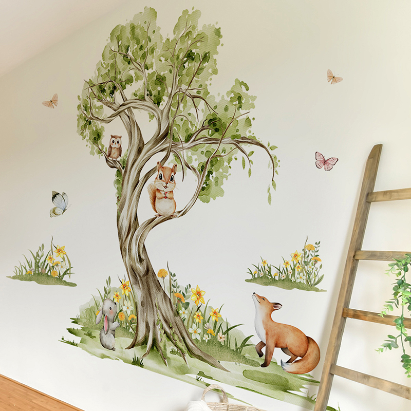 水彩画の森 大きな木 動物 ウォールステッカー ビニール ジ - Baby Nursery Jungle Wallpaper のレビューと価格