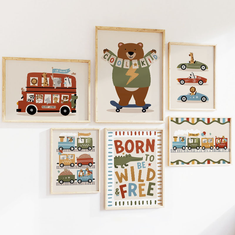 1pc フレームレス面白い漫画動物車バス保育園壁アートキャン - Baby Zebra Nursery のレビューと価格