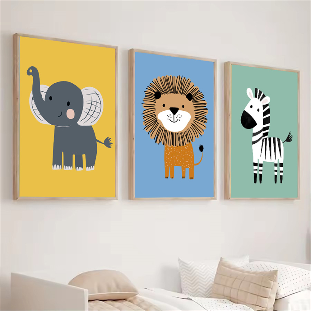 漫画動物ライオンゼブラ象ウォールアートキャンバス絵画保育園ポ - Baby Zebra Nursery のレビューと価格