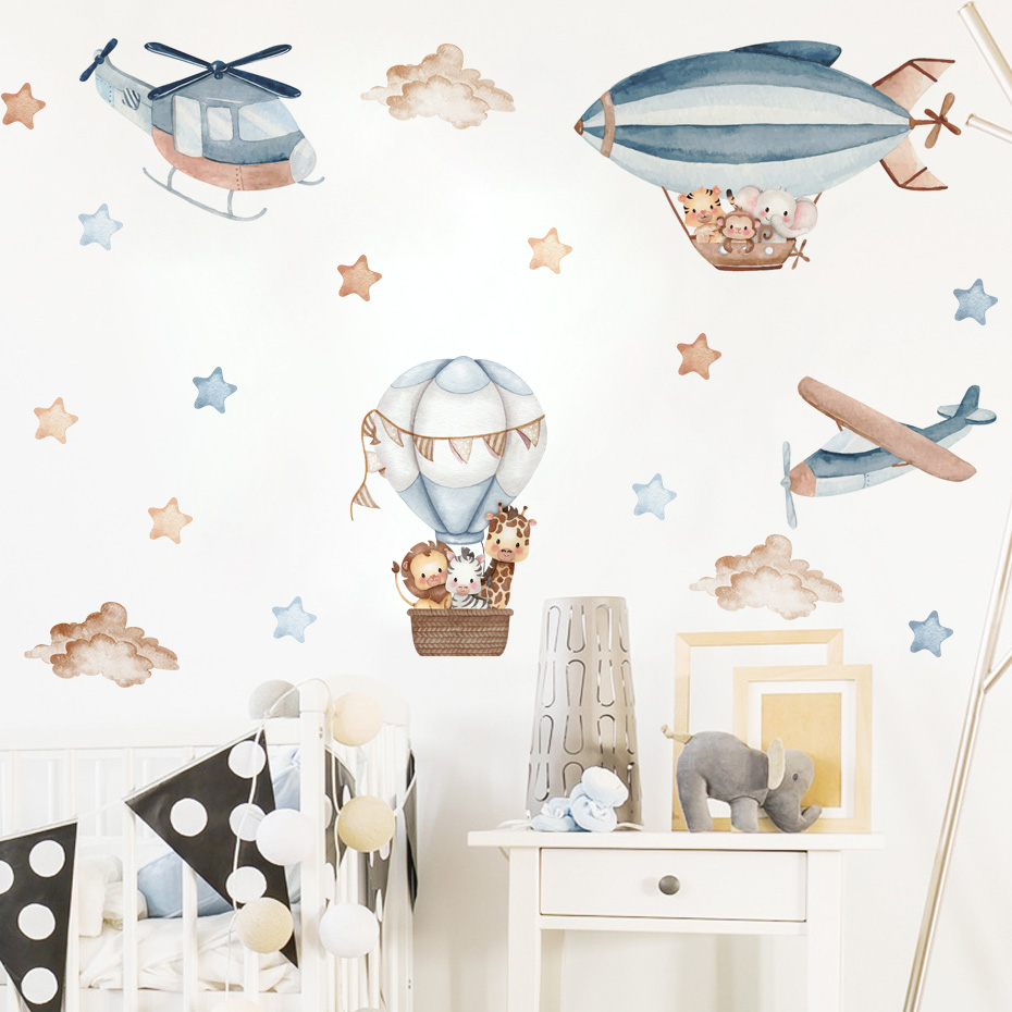 水彩動物熱気球雲ウォールステッカーキッズルームベビー保育園ル - Baby Nursery Package のレビューと価格