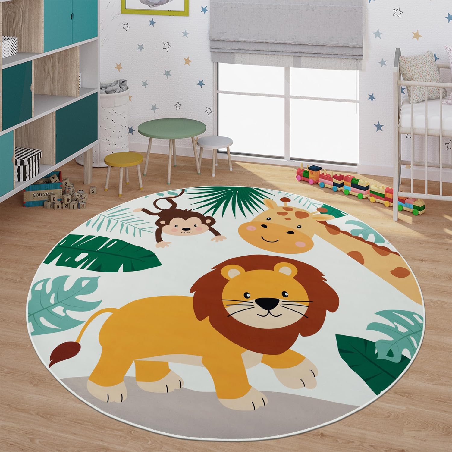柔らかい丸いジャングルアニマル柄キッズプレイマット、保育園用 - Baby Nursery Jungle Theme のレビューと価格