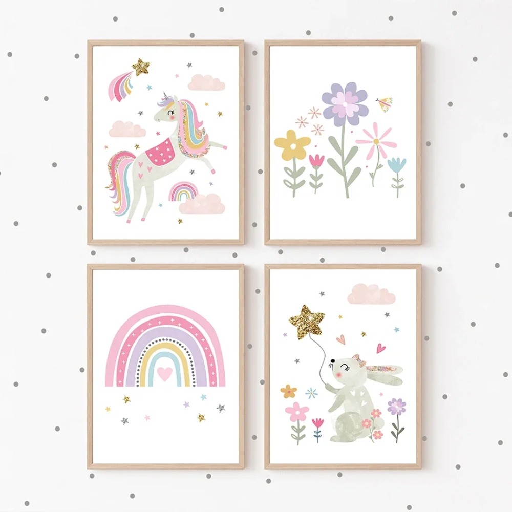 ピンクのユニコーンウサギ虹雲花保育園壁アートキャンバス絵画ポ - Baby Nursery Decor Girl のレビューと価格