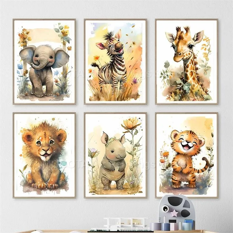 水彩ライオンキリン虎象シマウマ保育園壁アートキャンバス絵画動 - Baby Zebra Nursery のレビューと価格