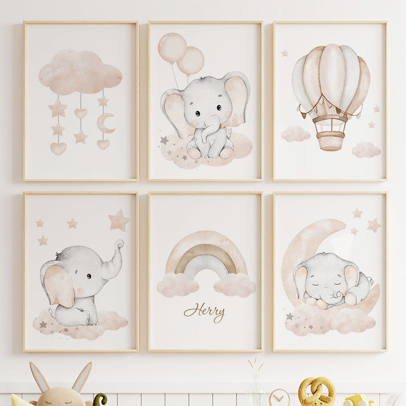 かわいい象熱気球ムーン虹雲保育園壁アートキャンバス絵画ポスタ - Baby Nursery Kids のレビューと価格