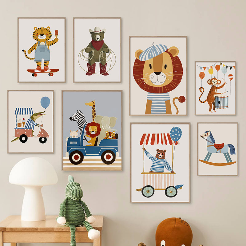 面白い漫画の動物車風船保育園ウォールアートキャンバス絵画ライ - Baby Nursery Kids のレビューと価格