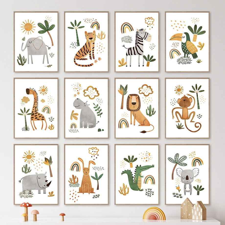 キリン象虎シマウマオオハシジャングル動物壁アートキャンバス絵 - Baby Zebra Nursery のレビューと価格