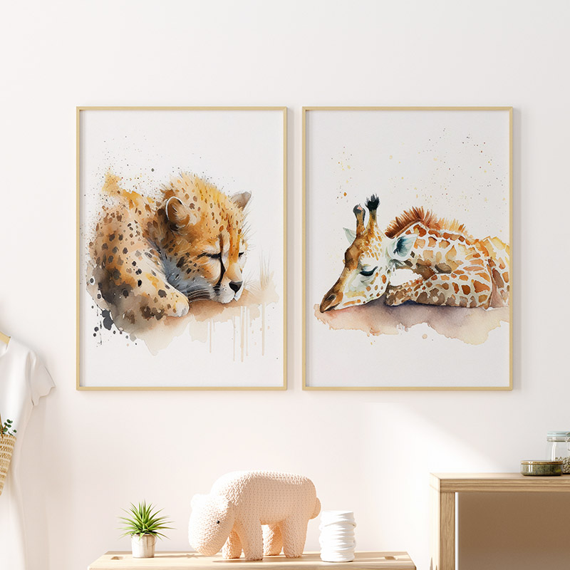 水彩画スリーピングサファリ動物ウォールアートポスターチーター - Baby Zebra Nursery のレビューと価格