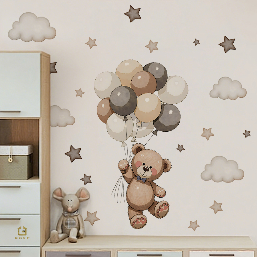 愛らしいテディベアの壁用ステッカー、風船、星、雲付きの取り外 - Baby Nursery Kids のレビューと価格