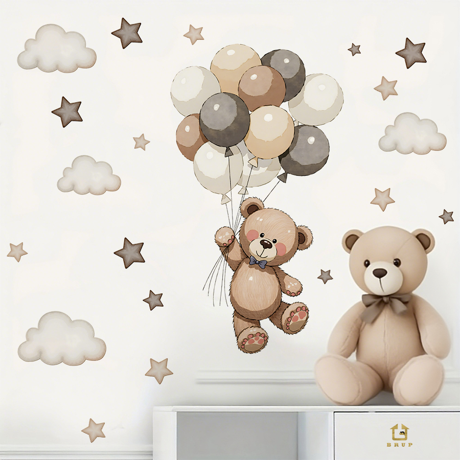 愛らしいテディベアの壁用ステッカー、風船、星、雲付きの取り外 - Baby Nursery Kids のレビューと価格