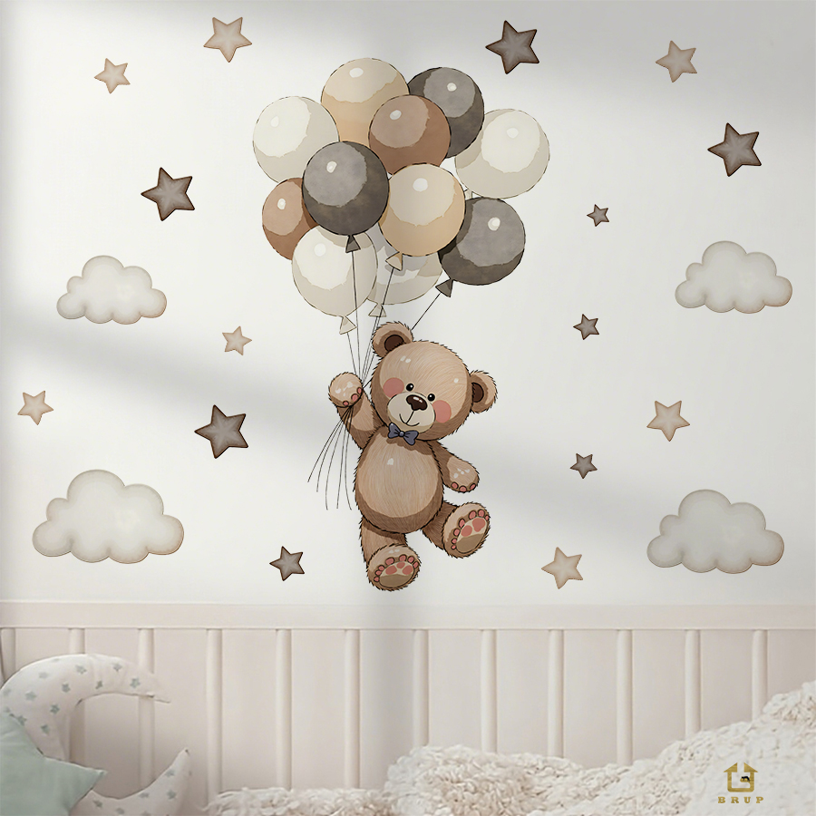 愛らしいテディベアの壁用ステッカー、風船、星、雲付きの取り外 - Baby Nursery Kids のレビューと価格
