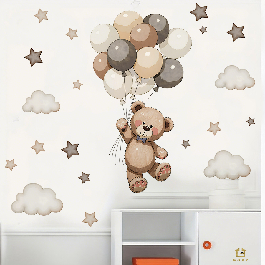 愛らしいテディベアの壁用ステッカー、風船、星、雲付きの取り外 - Baby Nursery Kids のレビューと価格