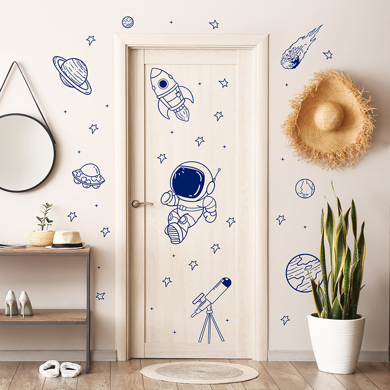 漫画宇宙宇宙飛行士惑星ロケットウォールステッカー自己粘着子供 - Baby Nursery Vinyl のレビューと価格